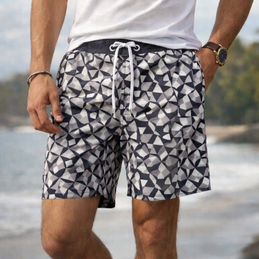 ❤️ American Eagle Board Shorts L Black White Geo Print Swim Trunks Drawstring